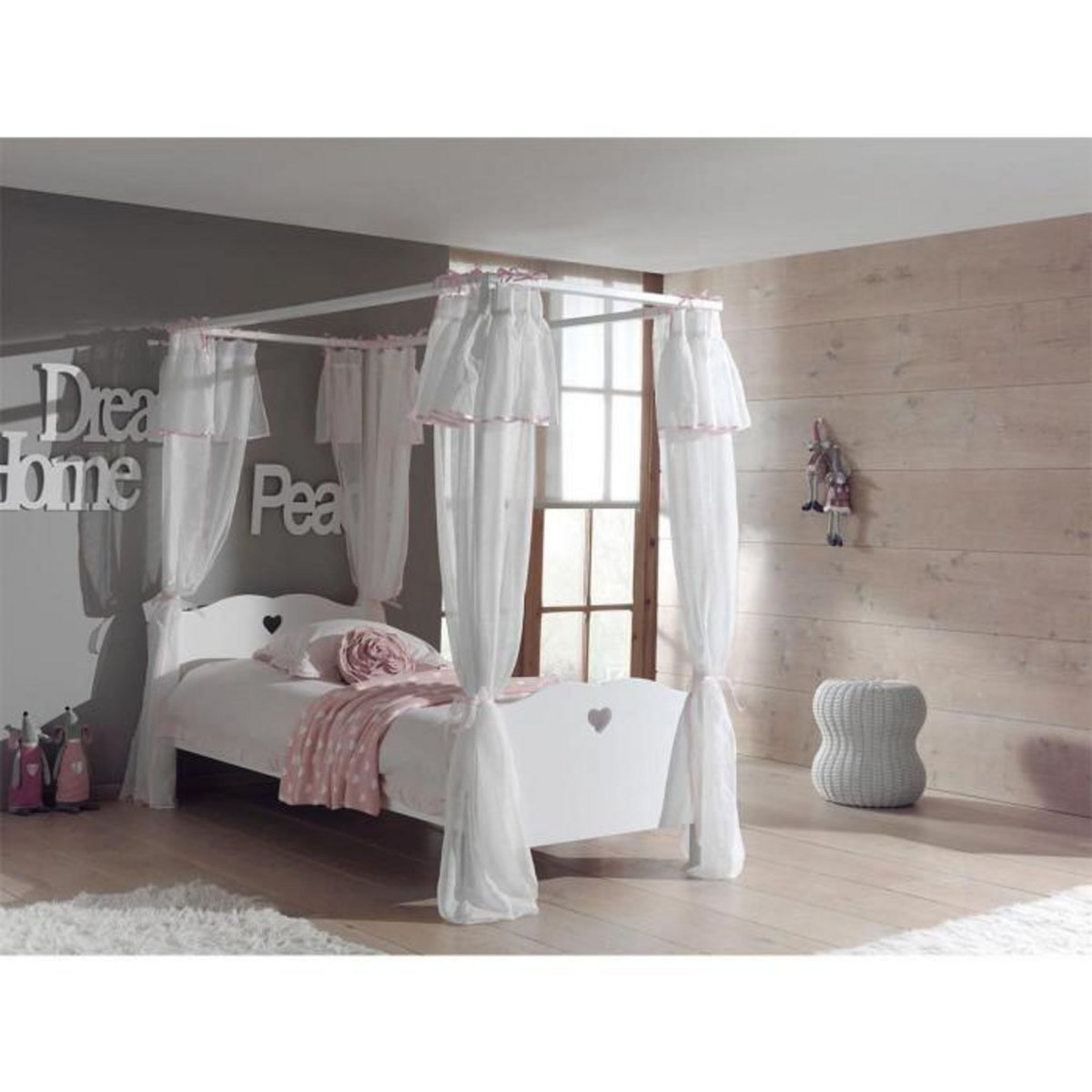 Paris Prix Pack - Lit à Baldaquin Enfant, Sommier & Voile  Amori  90x200cm Blanc