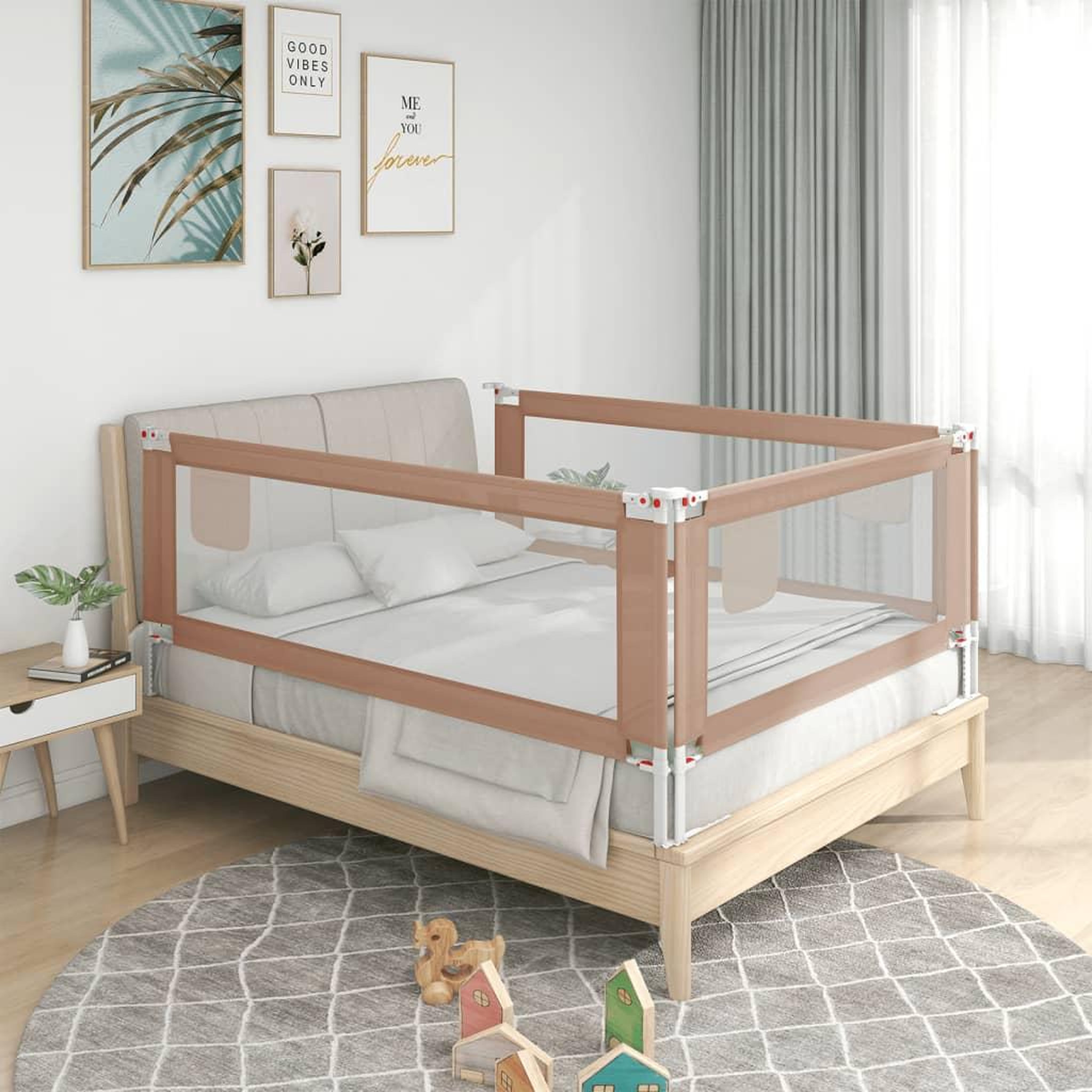 Voir la diapositive 1 : VIDAXL Barriere de securite de lit d'enfant Taupe 180x25 cm Tissu