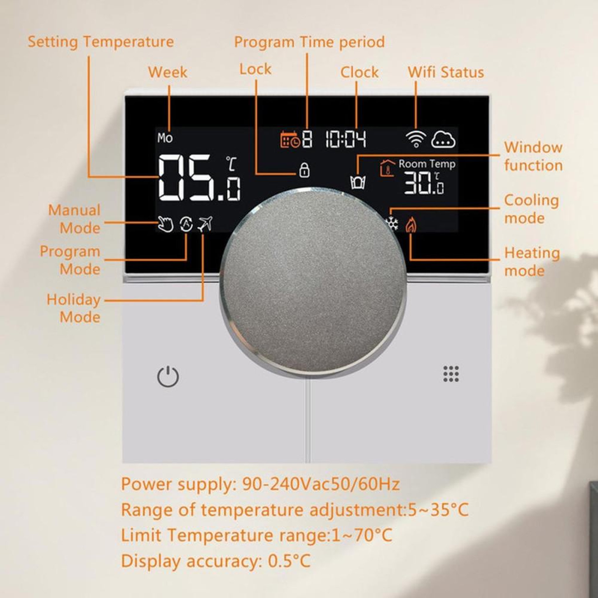 Voir la diapositive 5 : Thermostat Wi‑Fi connecté pour chauffage au sol électrique, capteur double, Alexa, 16A, KTF0176A