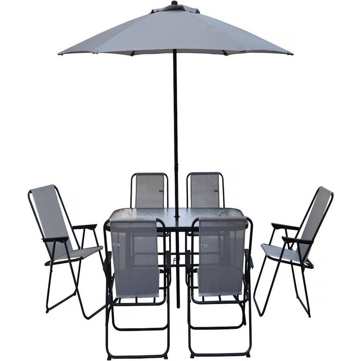 Habitat et Jardin Salon de jardin repas avec parasol en métal  Convivia  - 6 places - Gris clair
