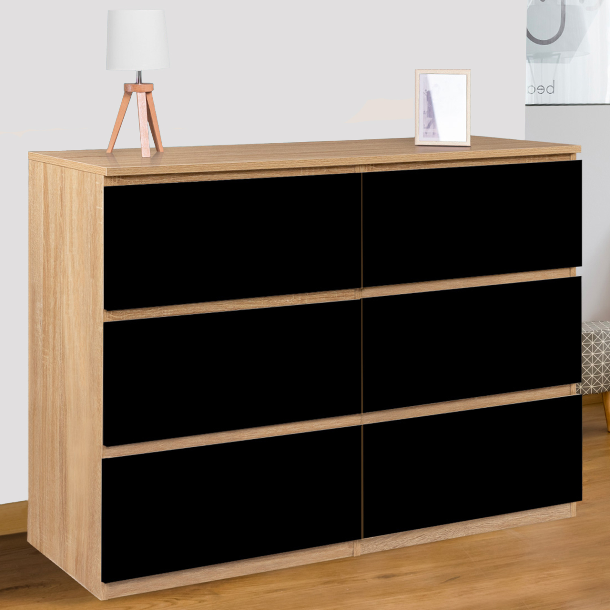 Voir la diapositive 2 : ID MARKET Commode 6 tiroirs tomi 110 cm bois façon hêtre et noir