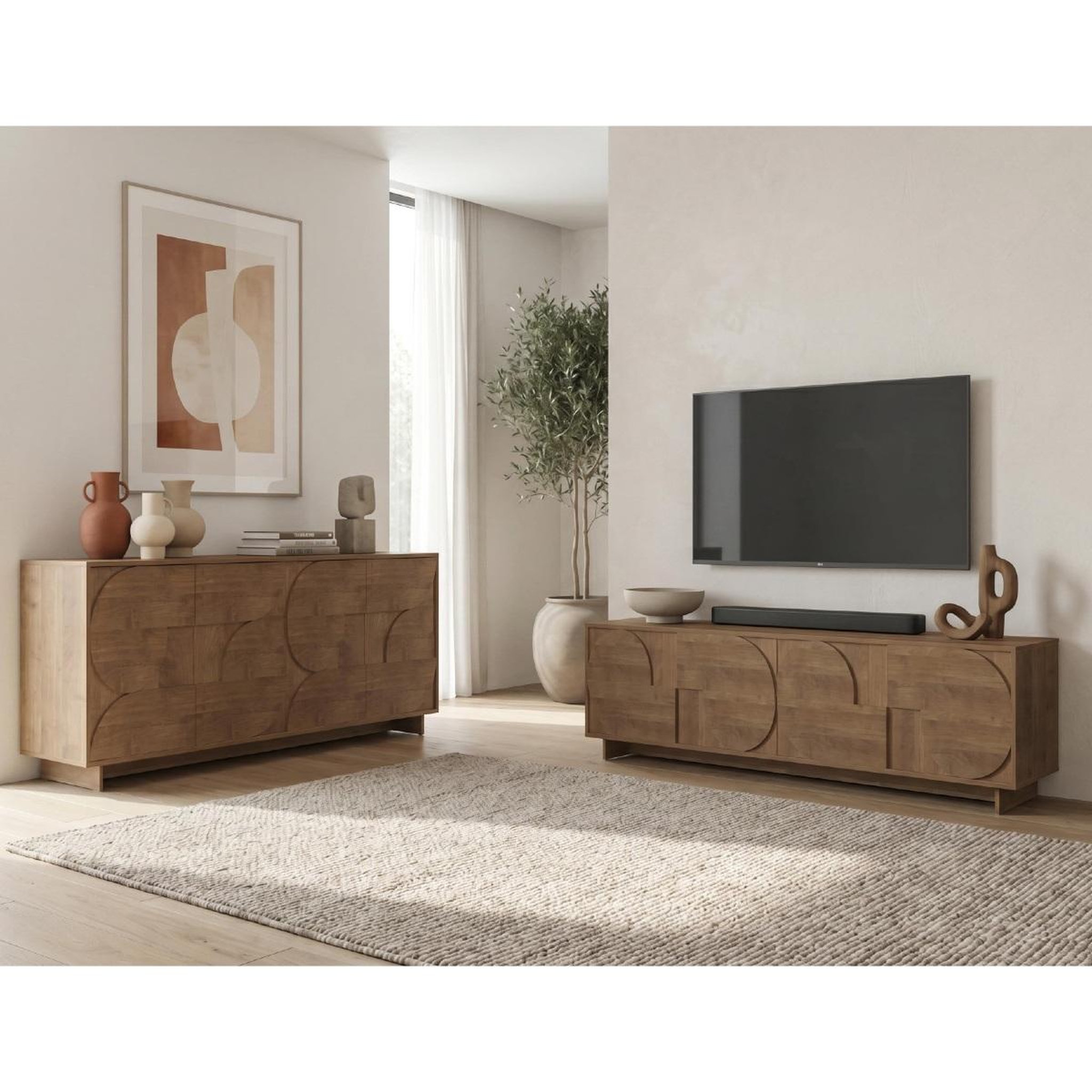 Voir la diapositive 6 : JLC KREATION Buffet bas design effet noyer portes motifs ronds 205cm zaz