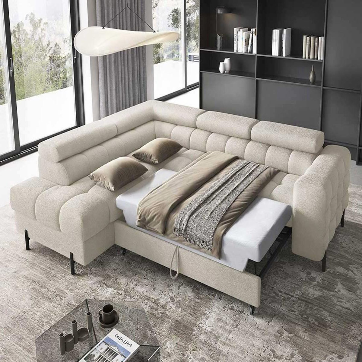 BEST MOBILIER Elisa - canapé d'angle gauche 5 places convertible avec coffre et têtières réglables en tissu bouclette