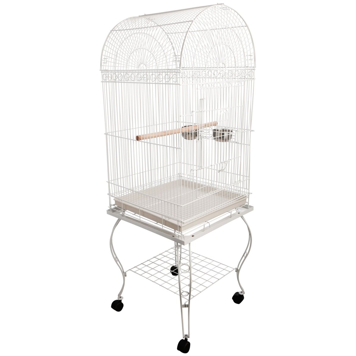 PAWHUT Grande volière cage à oiseaux design avec mangeoire perchoir suspendu plateau amovible étagère et roulettes 54L x 54l x 153H cm blanc