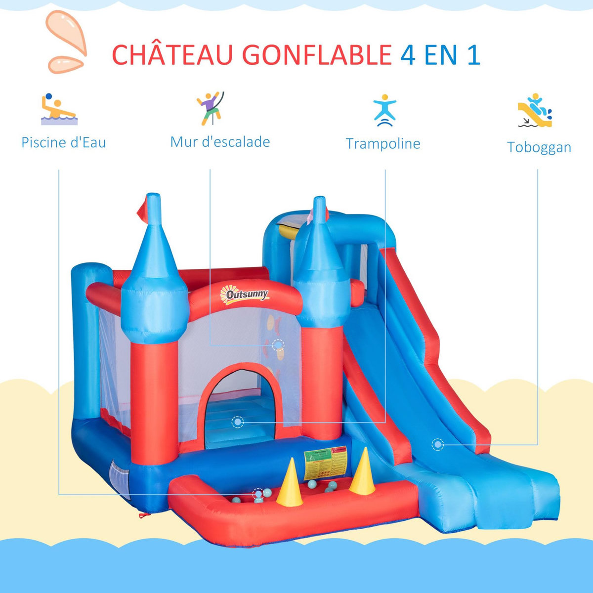 OUTSUNNY Château gonflable enfant - toboggan, trampoline, piscine, mur d'escalade - gonfleur, sac de transport inclus - dim. 3,33L x 2,8l x 2,1H m - polyester rouge bleu