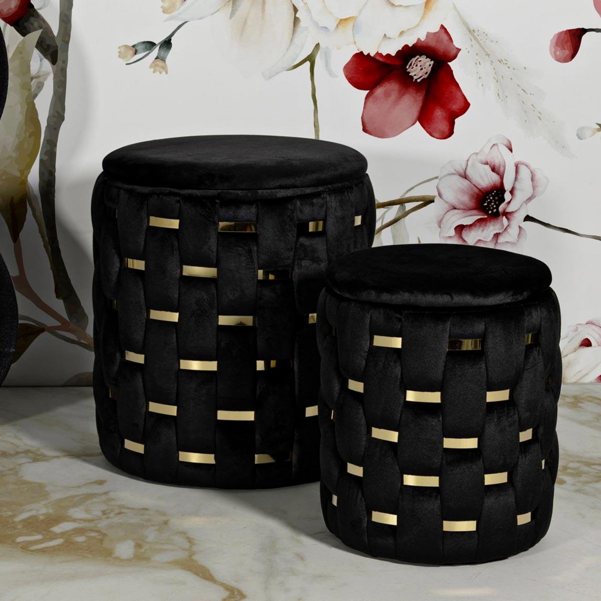 Voir la diapositive 5 : Paris Prix Lot de 2 poufs coffres  shanty  42cm noir & or