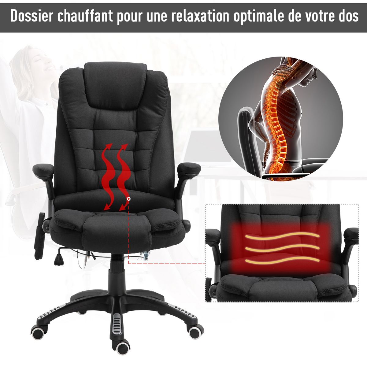 HOMCOM Fauteuil de bureau direction massant chauffant hauteur réglable dossier inclinable toile de lin noir