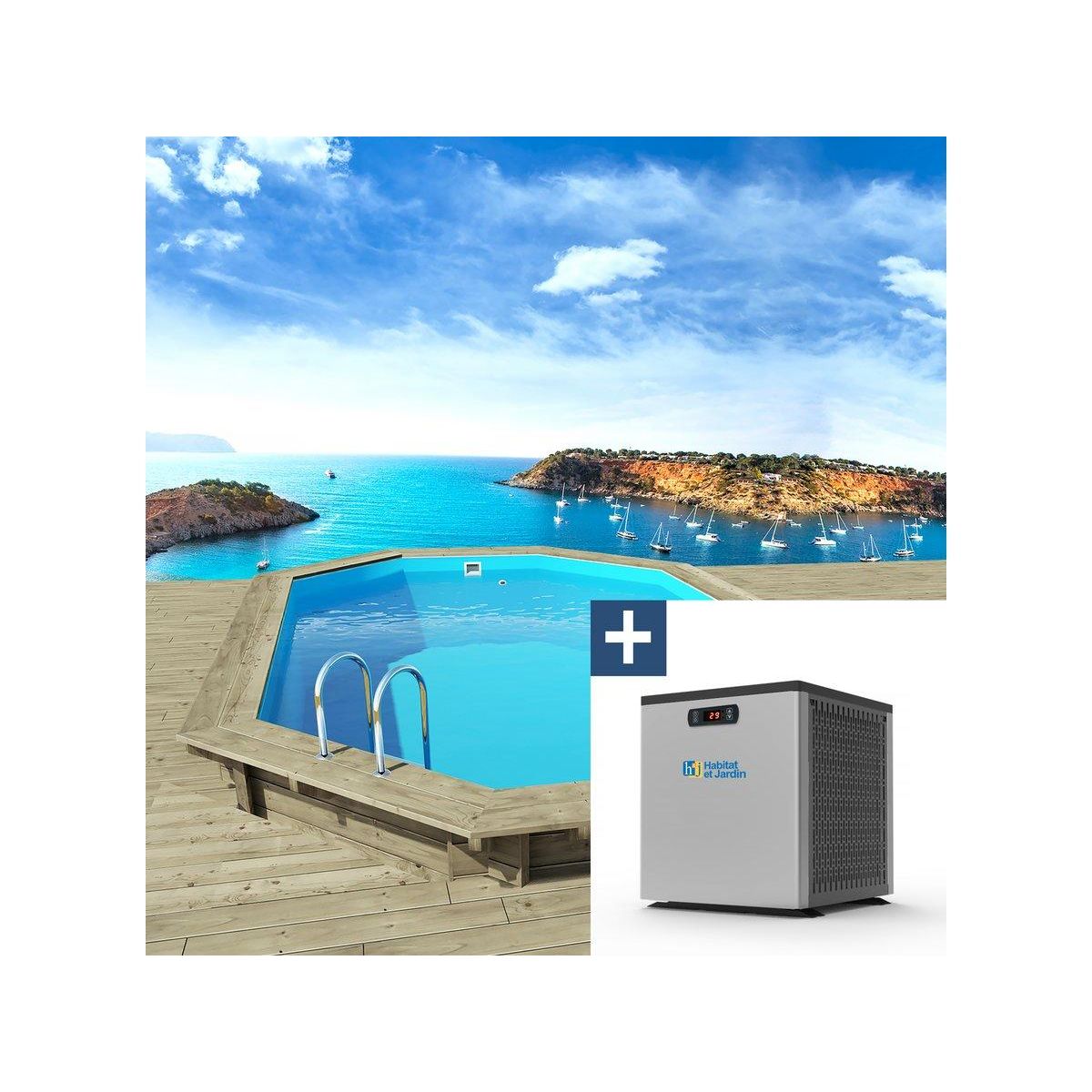 Habitat et Jardin Piscine bois   Miami 130   - 4.86 x 3.36 x 1.30 m + Mini Pompe à chaleur - Puissance 3.5 Kw