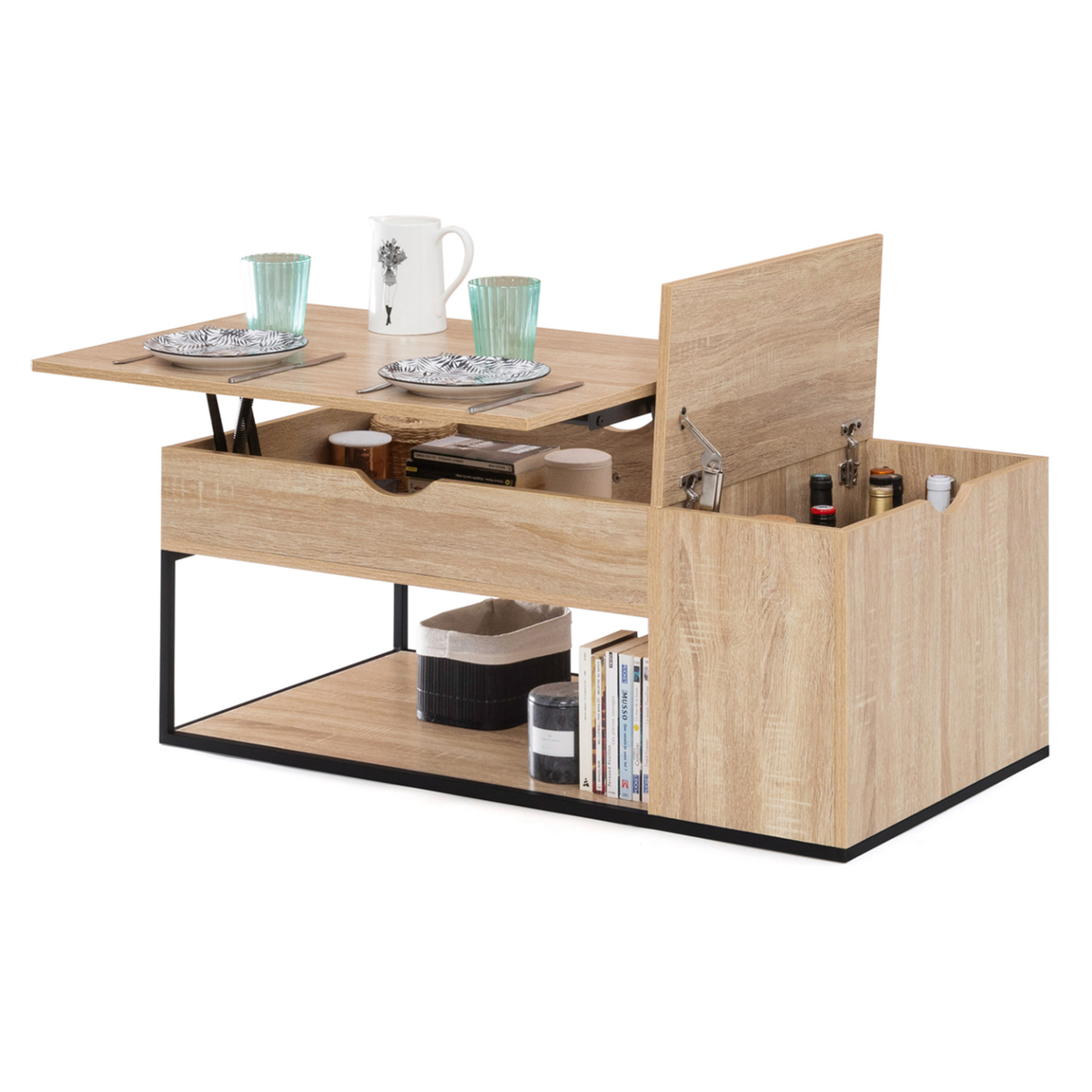 ID MARKET Table basse plateau relevable rectangulaire DETROIT avec coffre design industriel