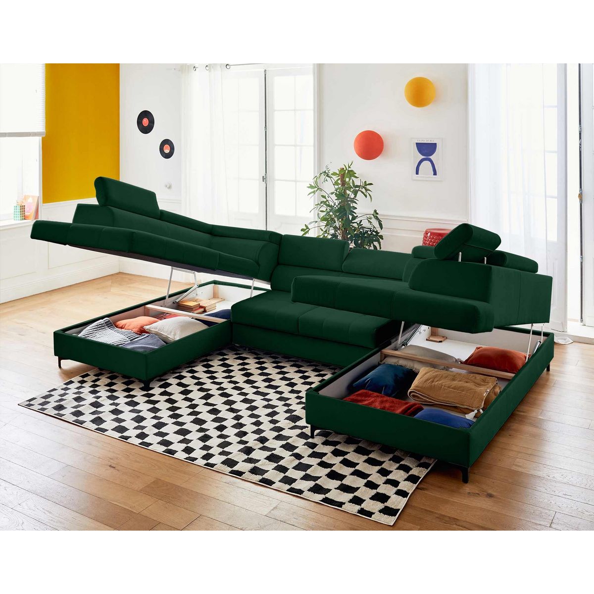 LISA DESIGN Merida - canapé panoramique en u - 7 places - convertible avec coffres et têtières réglables - en velours