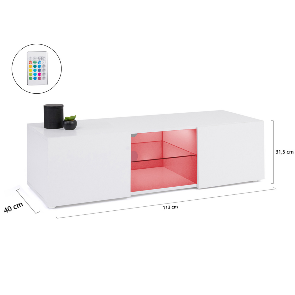 ID MARKET Meuble TV 113 cm ELI blanc étagère en verre avec LED