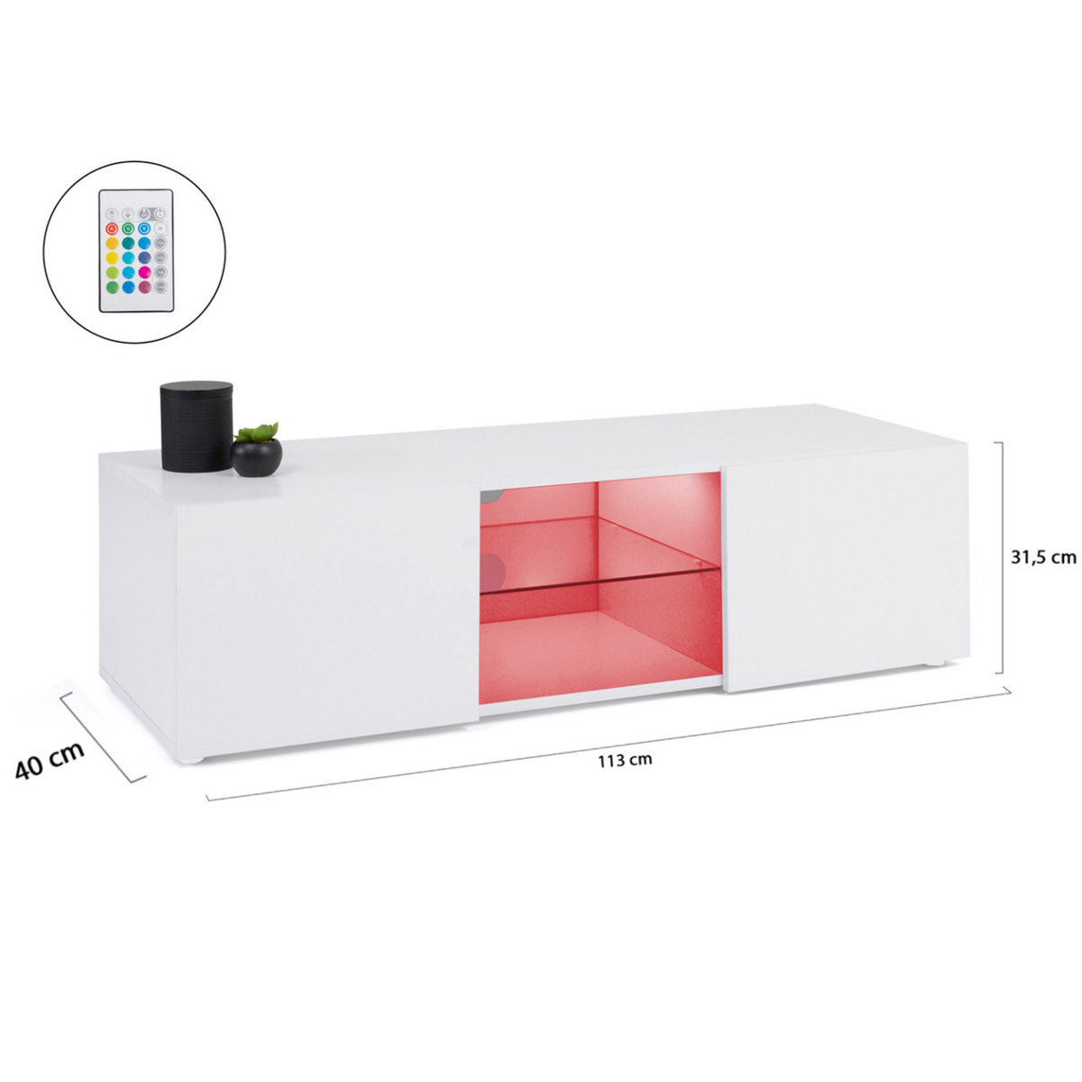 ID MARKET Meuble TV 113 cm ELI blanc étagère en verre avec LED