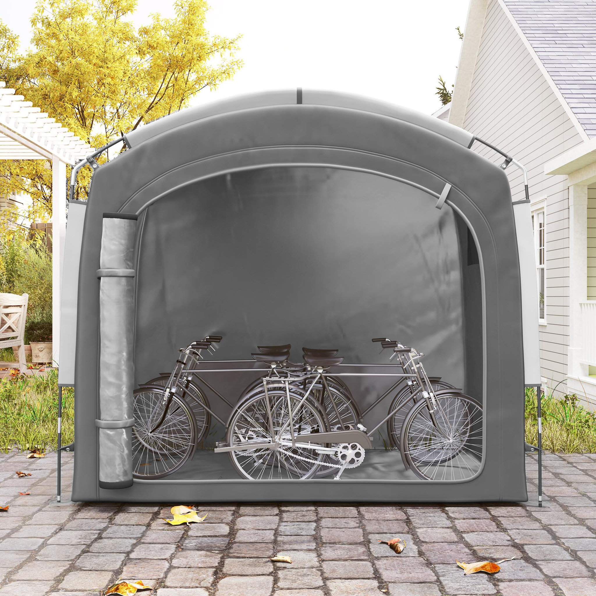 Voir la diapositive 2 : OUTSUNNY Abri vélo - tente vélo - tente de rangement extérieur - dim. 205 x 140 x 188 cm - fibre de verre oxford gris