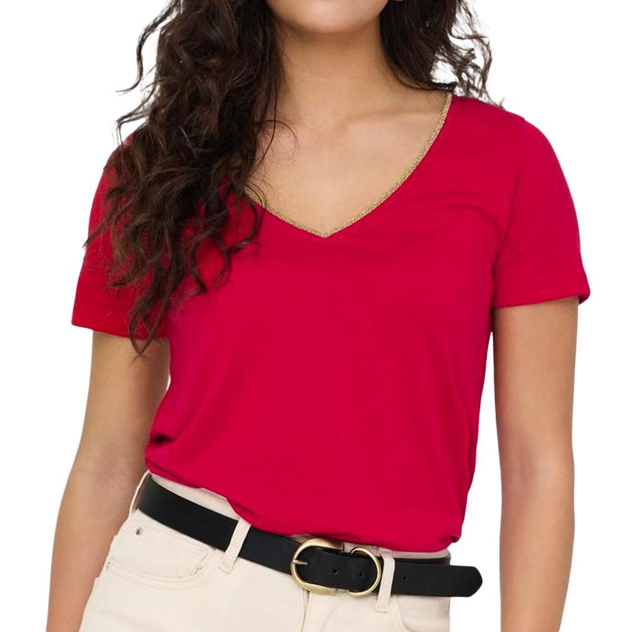 JACQUELINE DE YONG T-Shirt Rouge/Doré Femme JDY Dalila. Coloris disponibles : Rouge