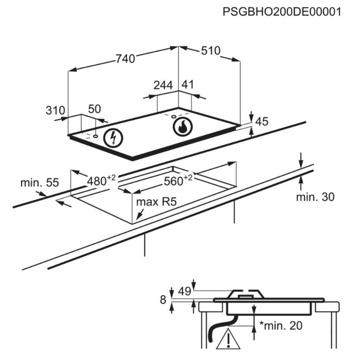 ELECTROLUX Table verre gaz 74cm 5 foyers noir - KGG75362K