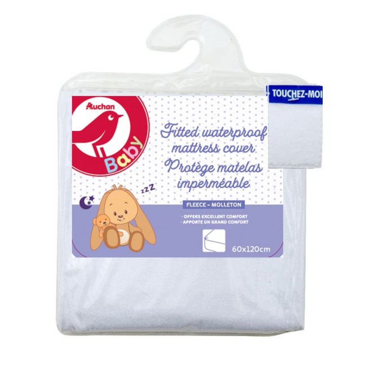 AUCHAN BABY Protège matelas imperméable 60 x 120 cm antiacariens, antibactériens et antimoisissure