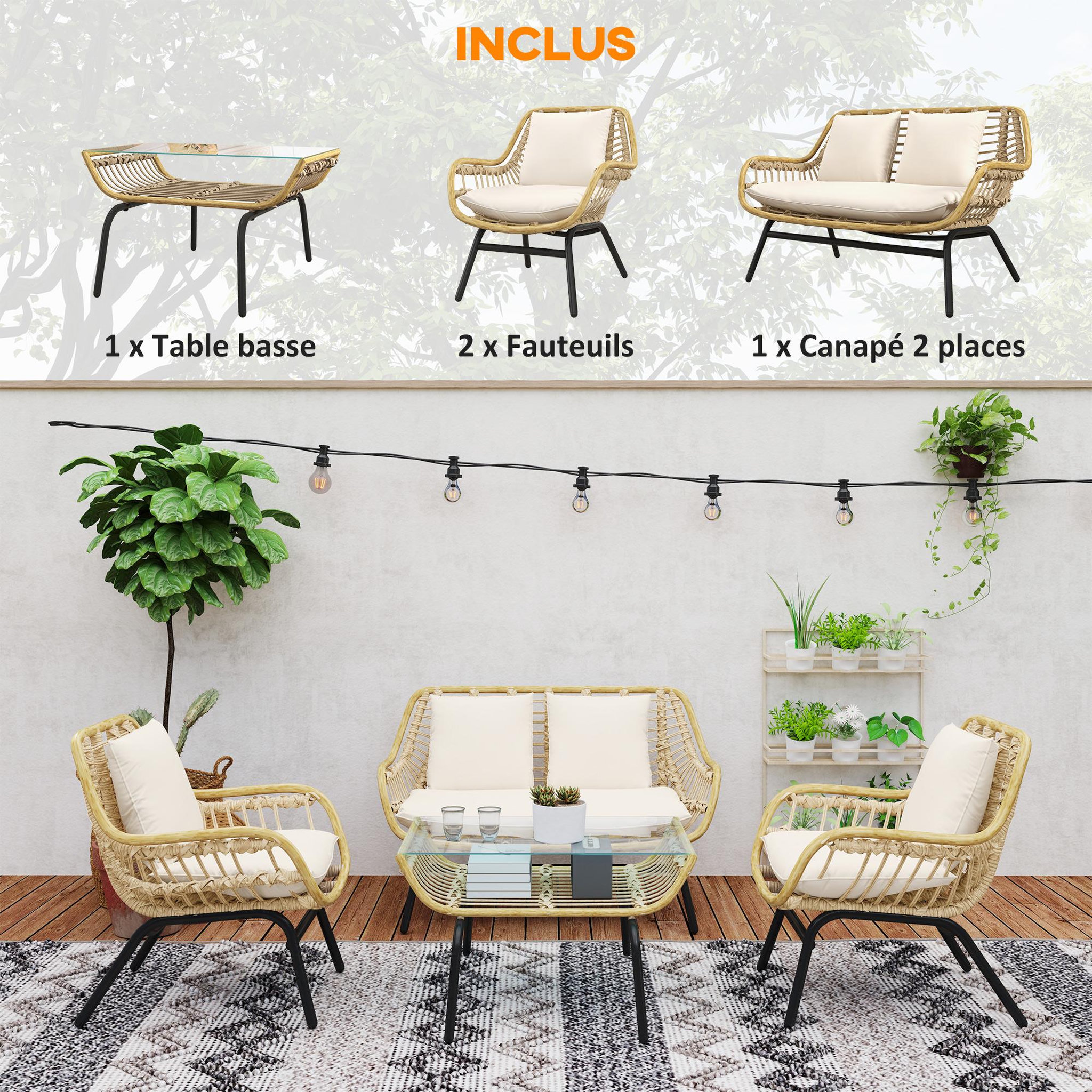 Voir la diapositive 4 : OUTSUNNY Salon de jardin 4 pers. 4 pièces style exotique métal époxy résine imitation bambou coussins grand confort inclus polyester beige