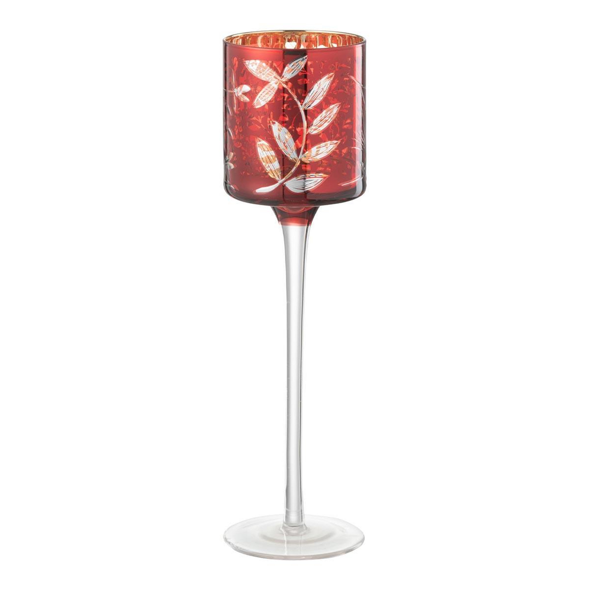 J-LINE Photophore sur Pied en Verre  Feuilles  25cm Rouge