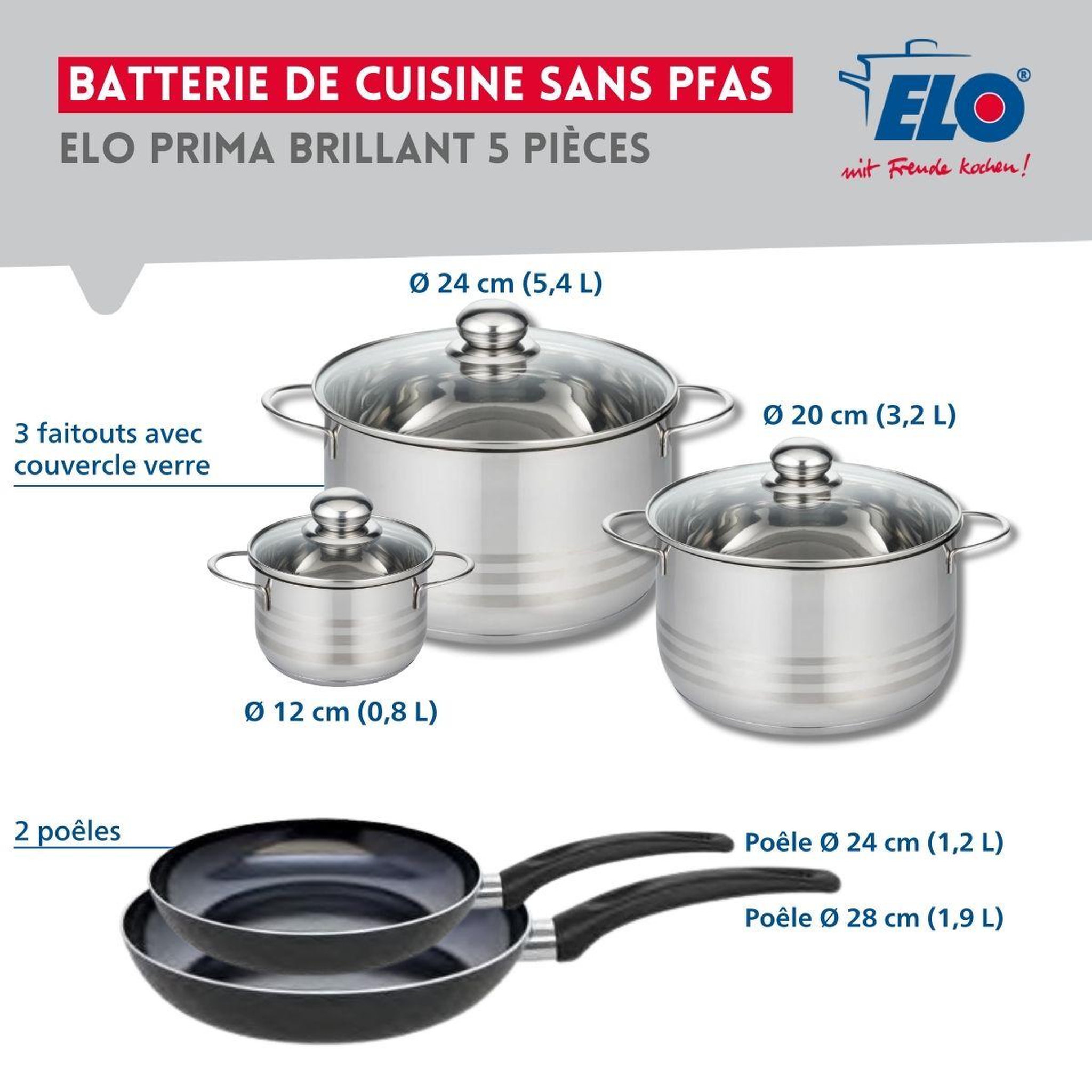 Voir la diapositive 2 : ELO Ensemble de 2 poêles de cuisson 24 et 28 cm et 3 faitouts 12, 20 et 24 cm elo prima brillant