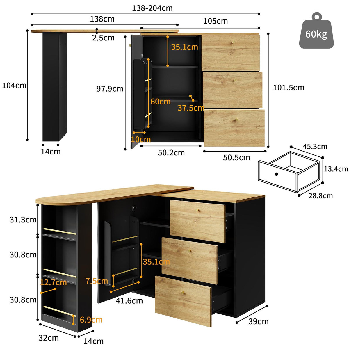 MERAX Table de bar rectangulaire noir+naturel - 204cm mdf