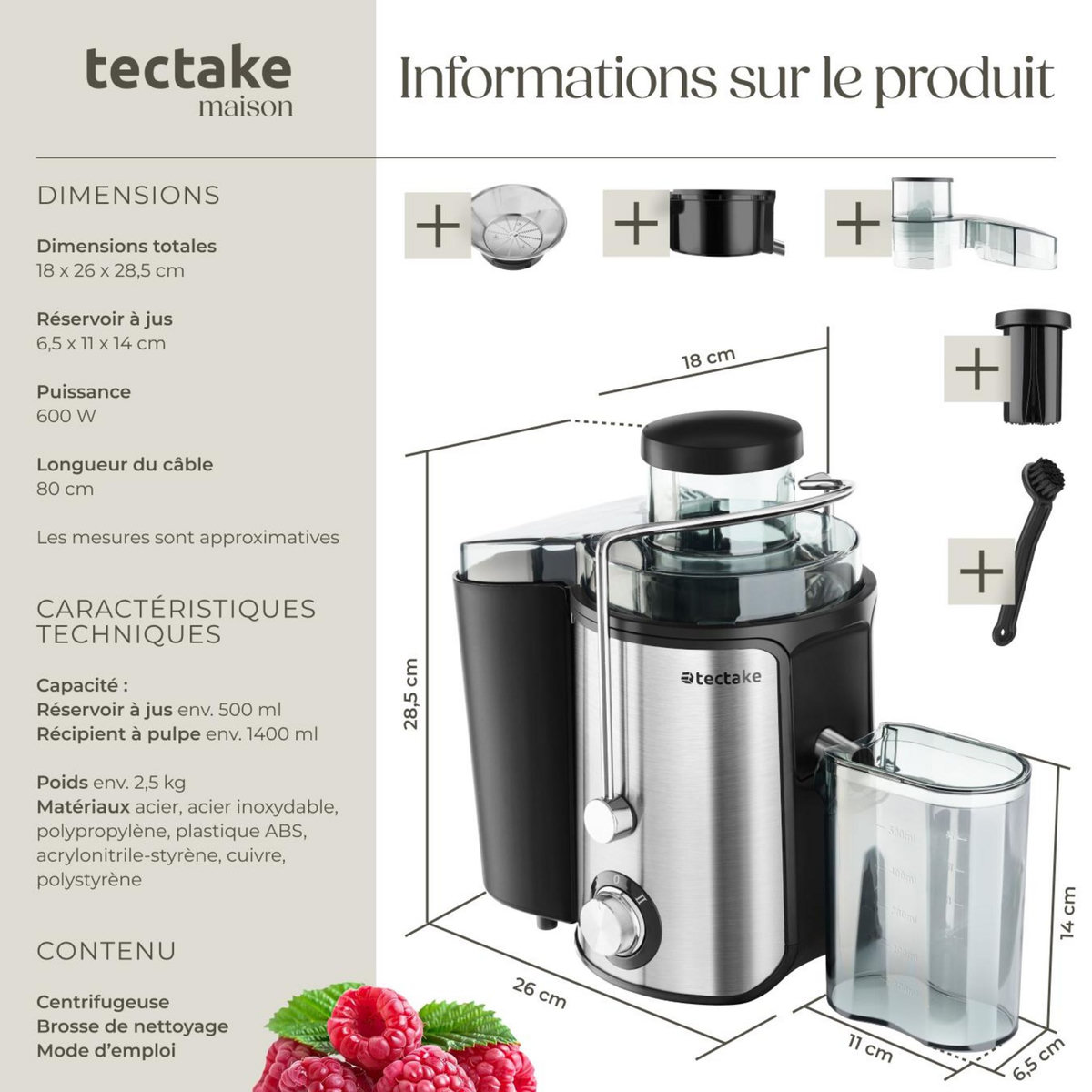tectake Extracteur de jus capacité de 500ml, 600 W argent