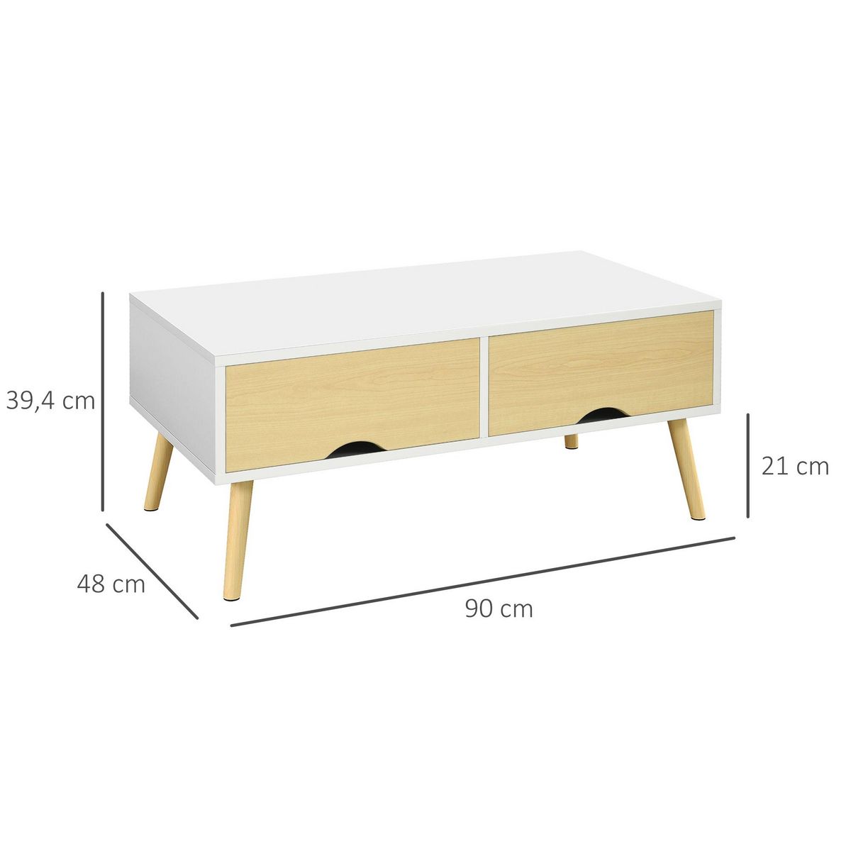 HOMCOM Table basse rectangulaire design scandinave 2 tiroirs coulissants grande niche piètement bois pin blanc aspect bois clair