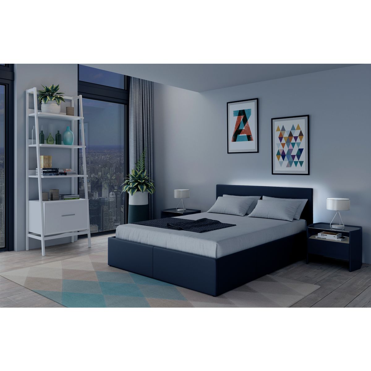 Lit coffre 160x200cm avec sommier à lattes et tête de lit LED WILLOW