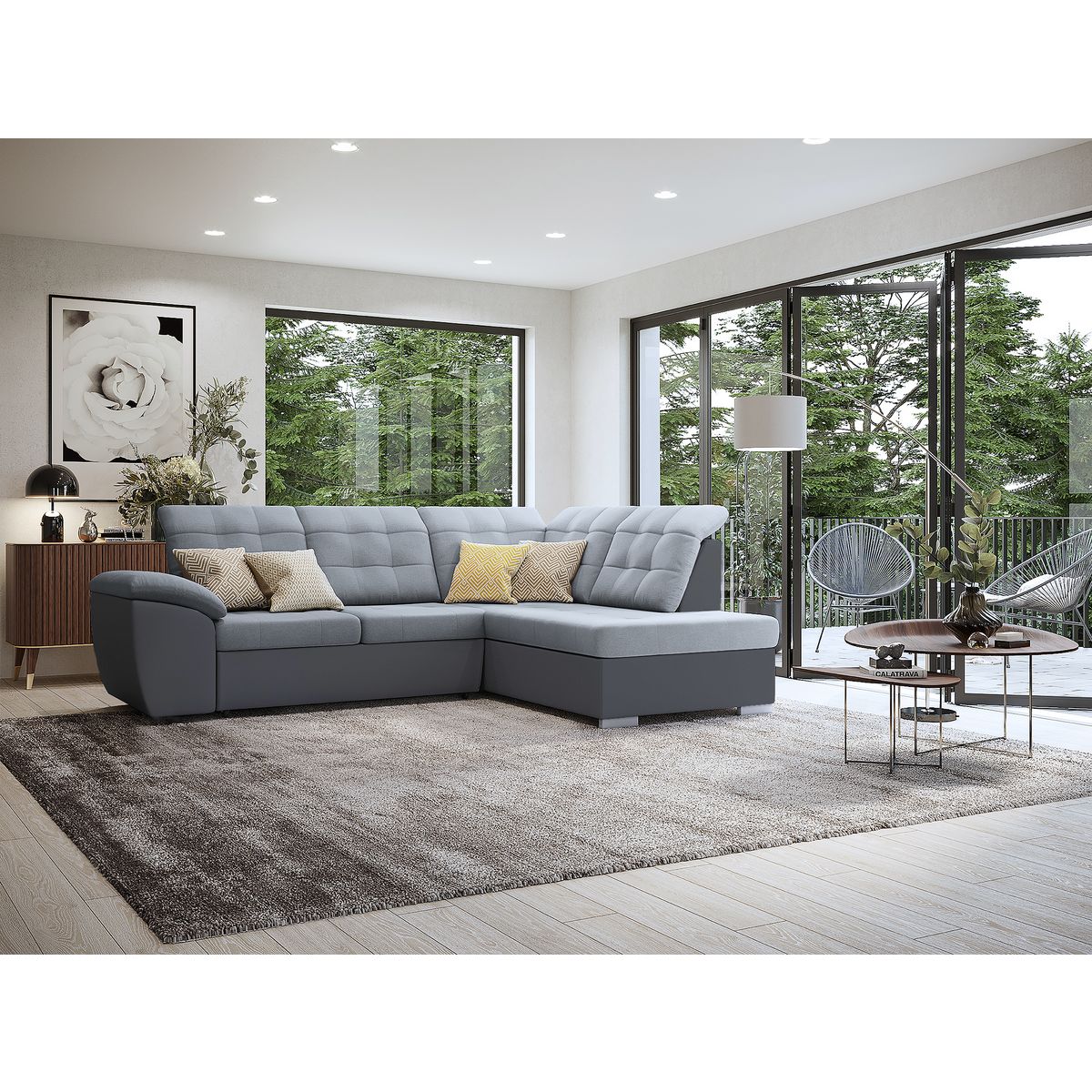 Canapé d'angle droit convertible avec coffre et têtières réglables PU gris et tissu gris RECITAL 