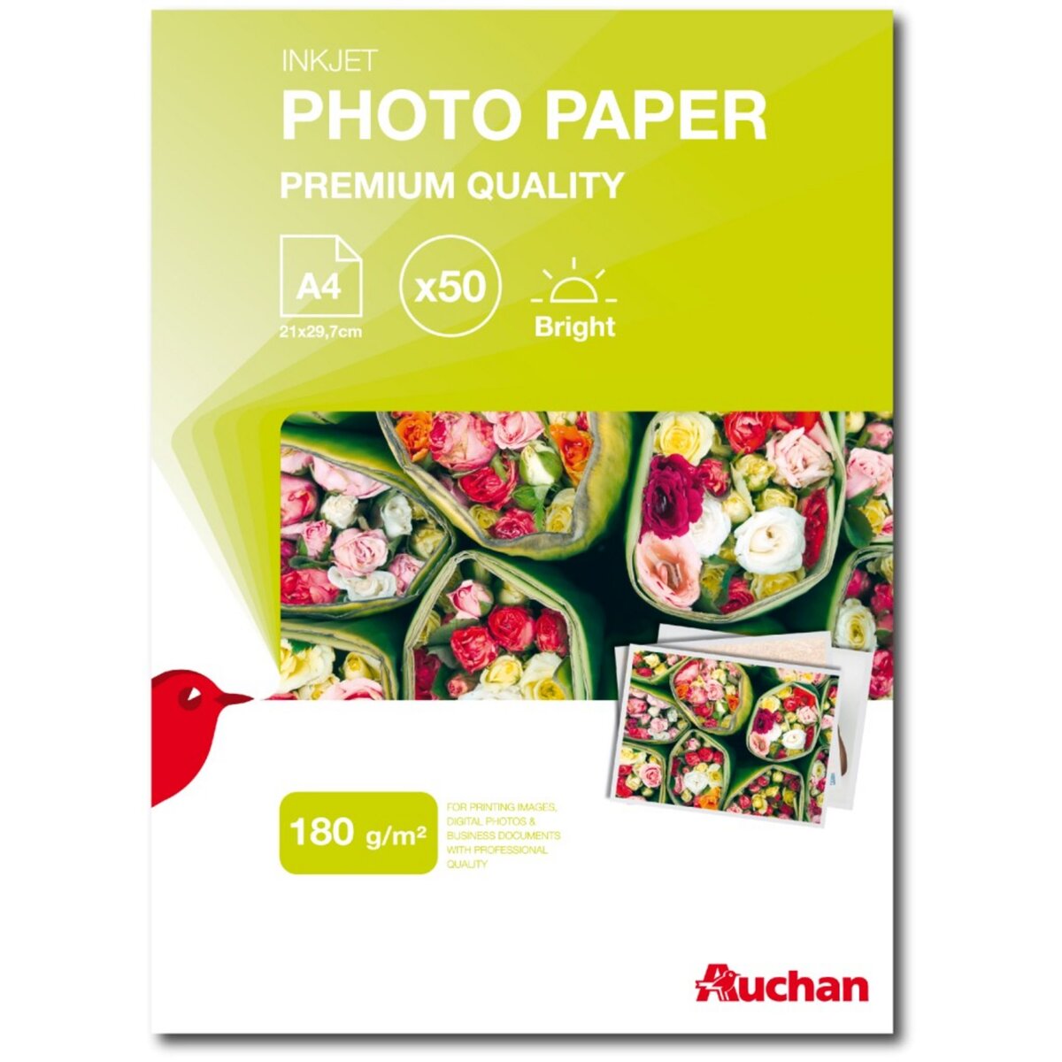 AUCHAN Papier Compatible Photo A4 Brillant 180G/50F