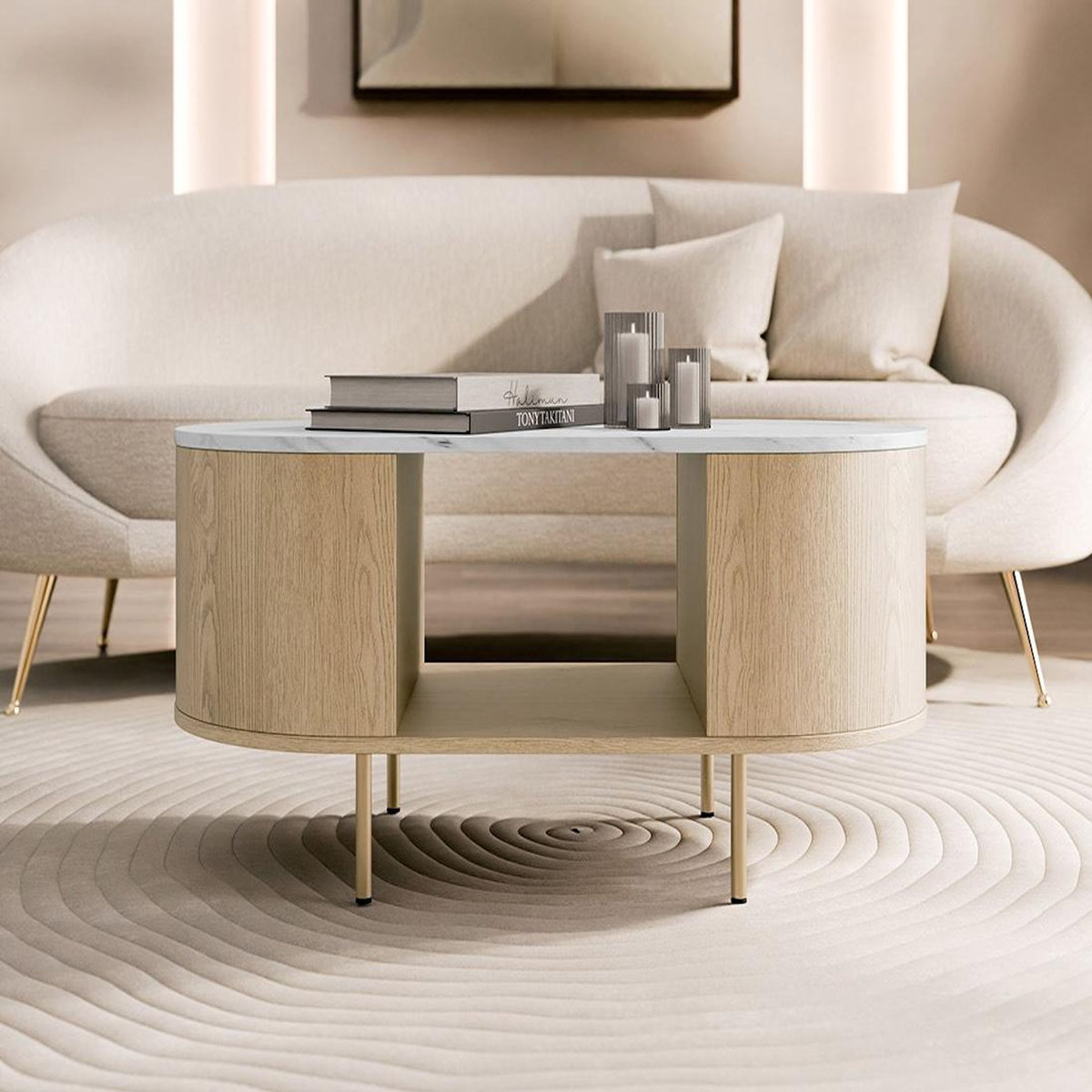 BEST MOBILIER Sansa - table basse 100 cm - 1 niche - plateau effet marbre