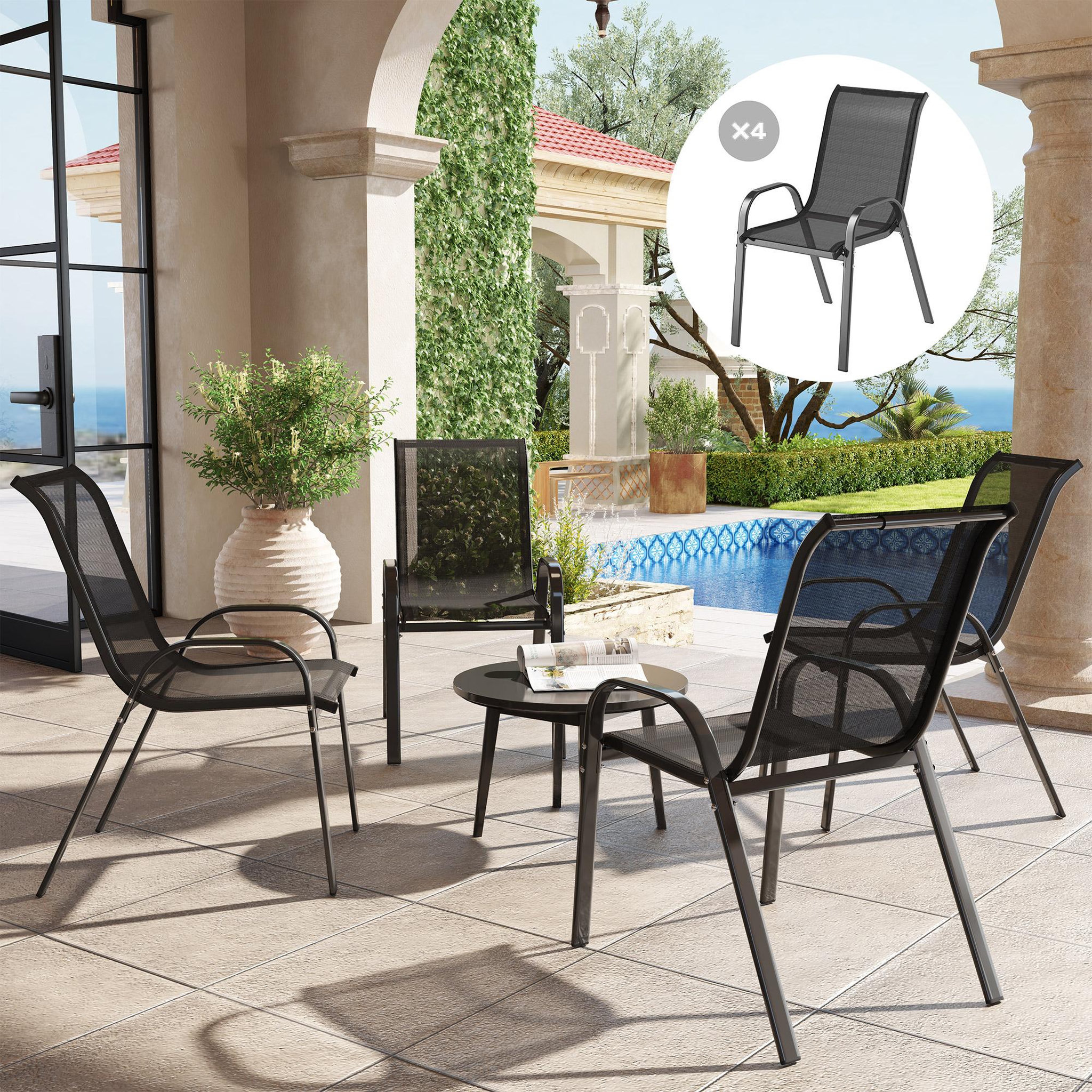 Voir la diapositive 4 : OUTSUNNY Lot de 4 chaises de jardin empilables - assise ergonomique, haut dossier, accoudoirs - acier textilène noir