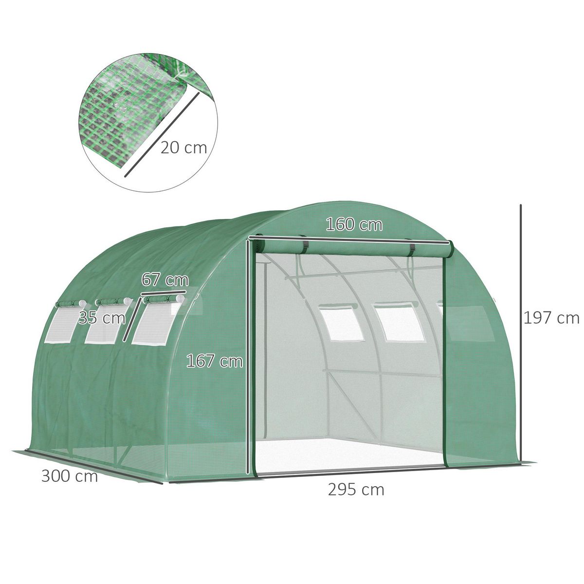 OUTSUNNY Serre tunnel de jardin grande taille dim. 3L x 2,95l x 1,97H m - 6 fenêtres, porte zippée enroulable - acier galvanisé PE haute densité vert