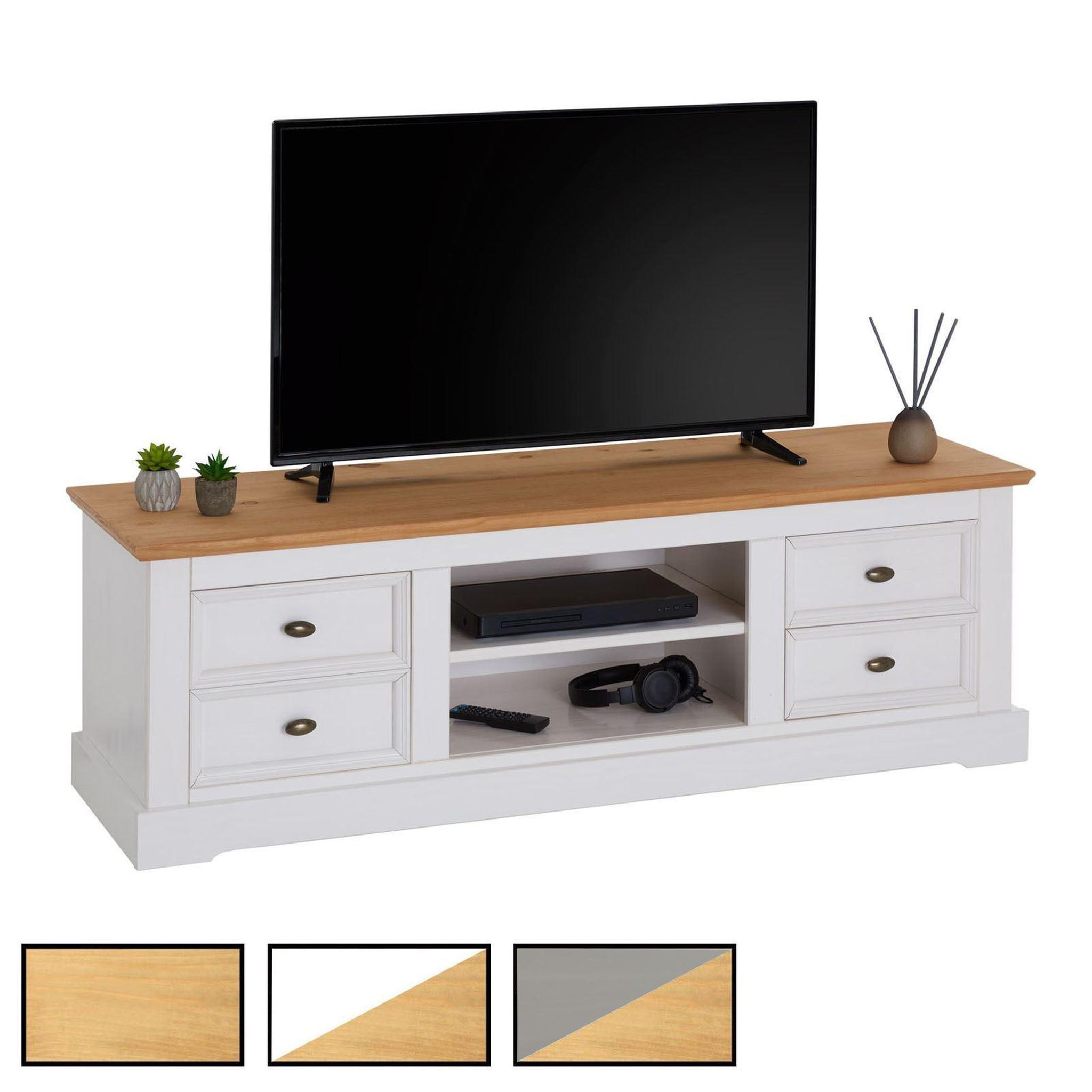 IDIMEX Meuble TV KENT en pin massif, avec 4 tiroirs. Coloris disponibles : Bicolore, Marron