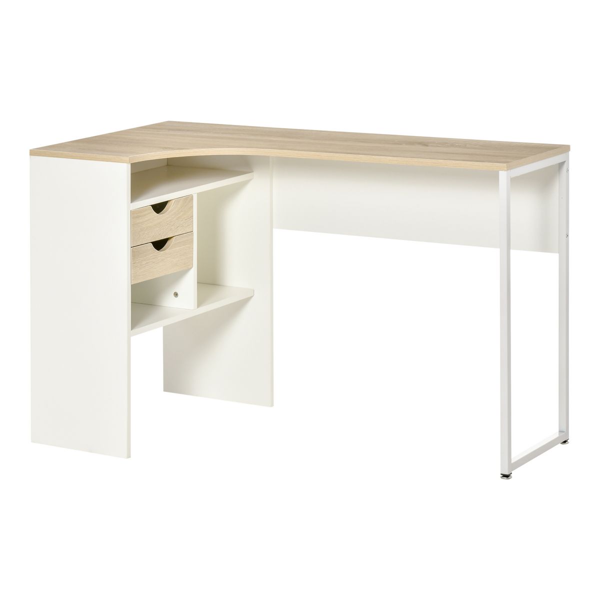 HOMCOM Bureau d'angle bureau informatique multimédia multi-rangement métal panneaux particules aspect chêne clair blanc