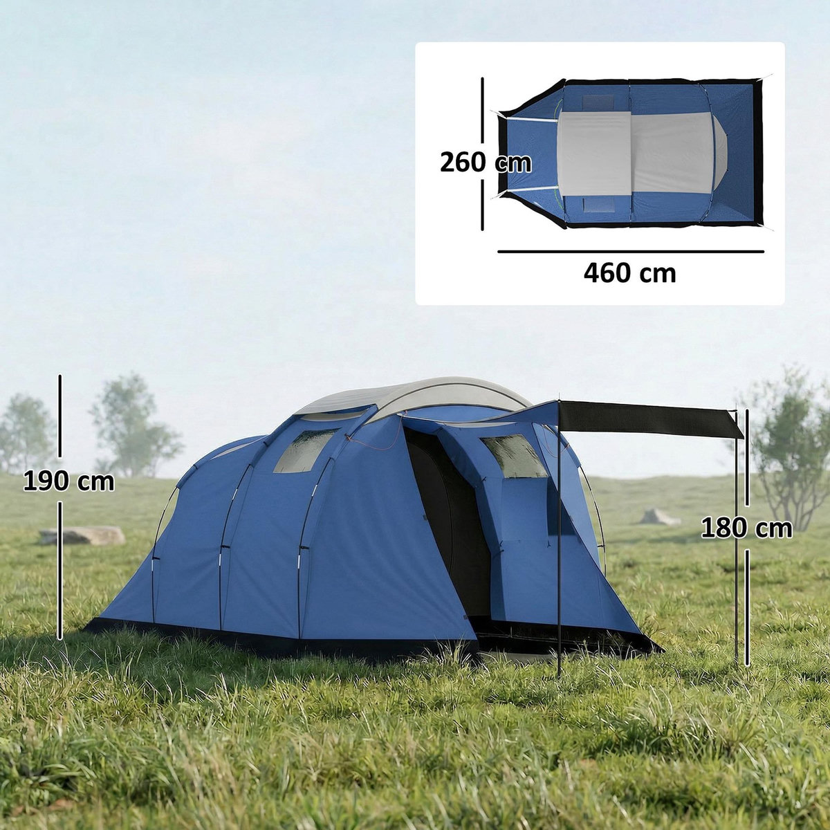 OUTSUNNY Tente de camping tunnel 4 pers. imperméable 3000mm chambre séjour auvent