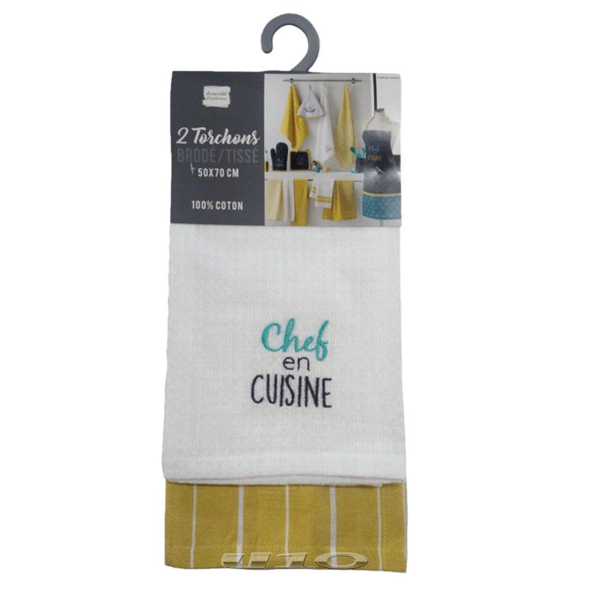 Voir la diapositive 3 : Douceur d'Intérieur Lot de 2 torchons brodés  chef en cuisine  50x70cm jaune