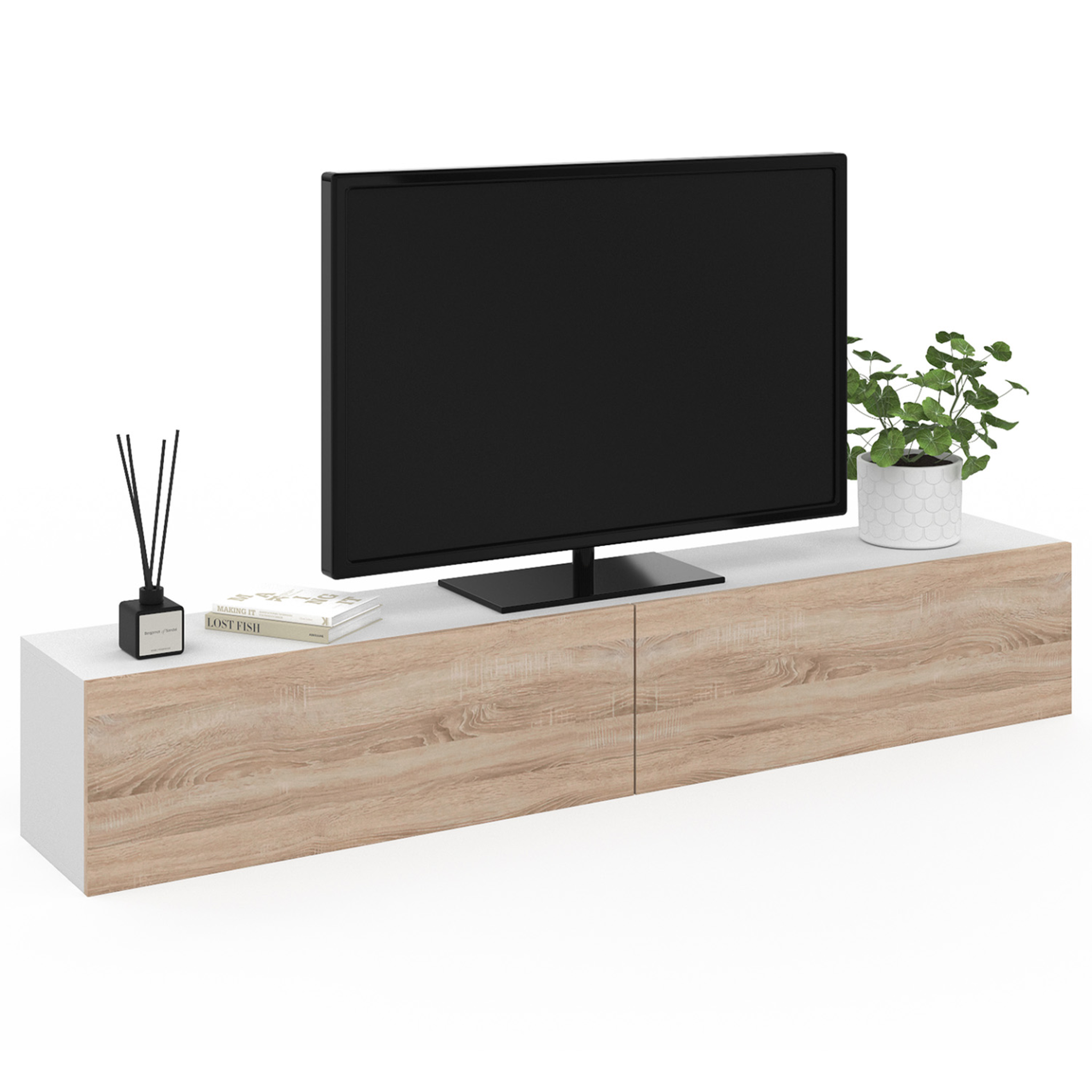 ID MARKET Meuble tv 180 cm suspendu elio 2 portes blanc et bois