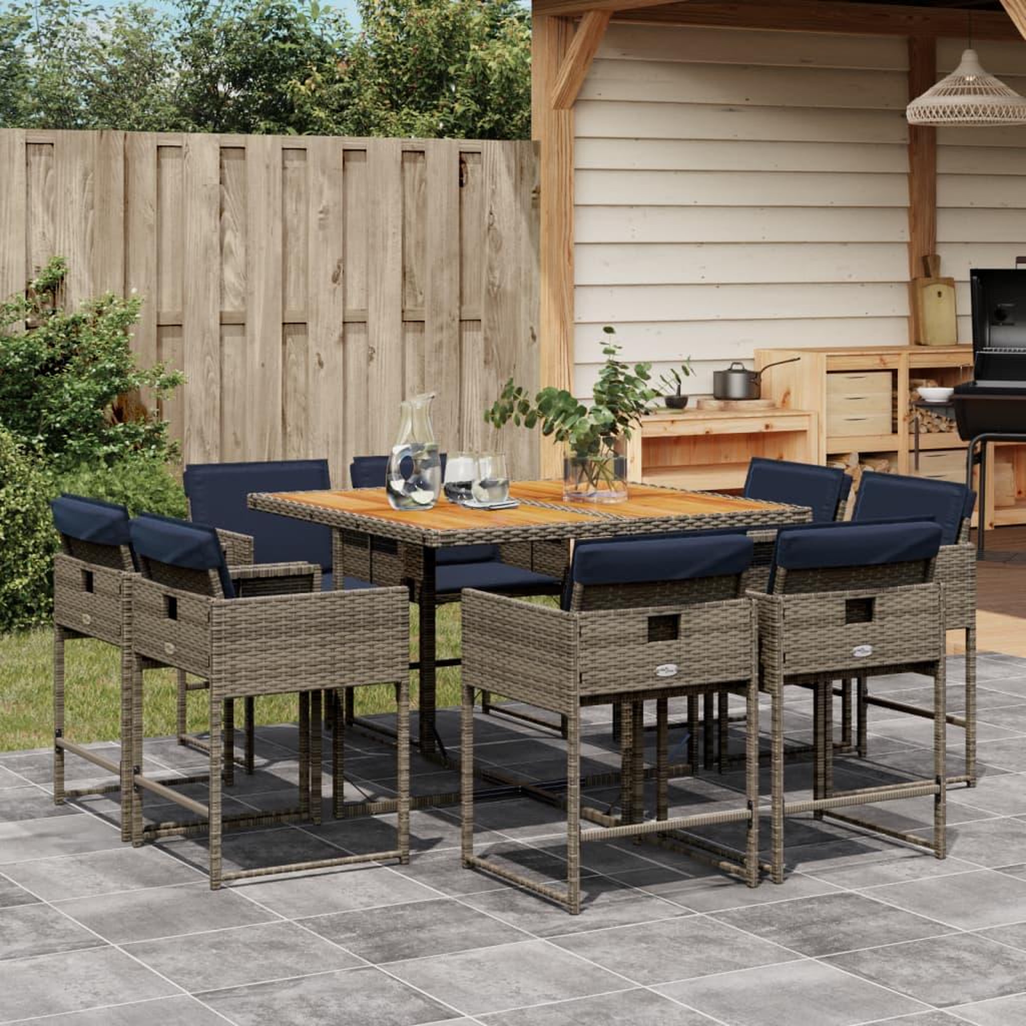 VIDAXL Ensemble a manger de jardin 9 pcs coussins gris resine tressee