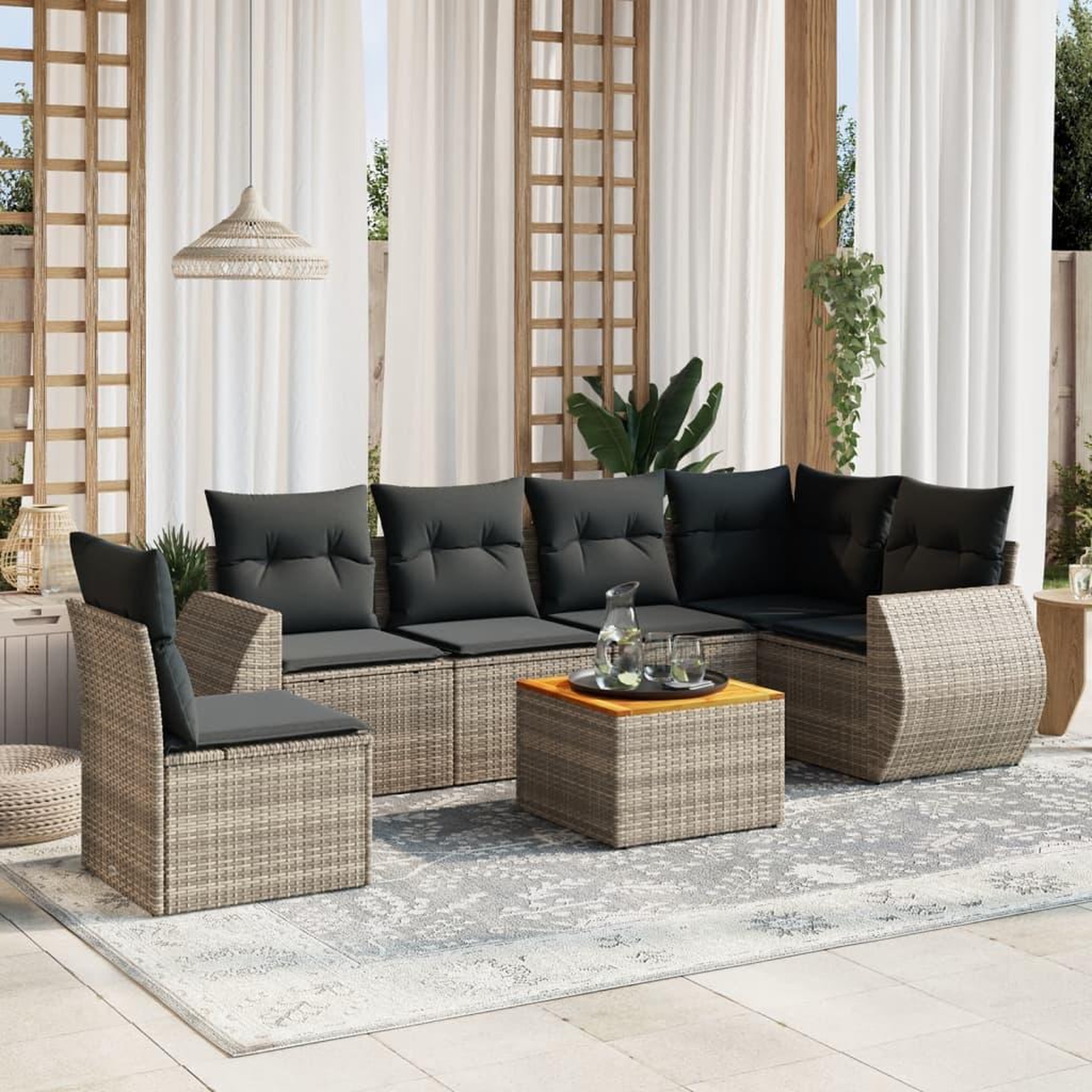 VIDAXL Salon de jardin avec coussins 7 pcs gris resine tressee