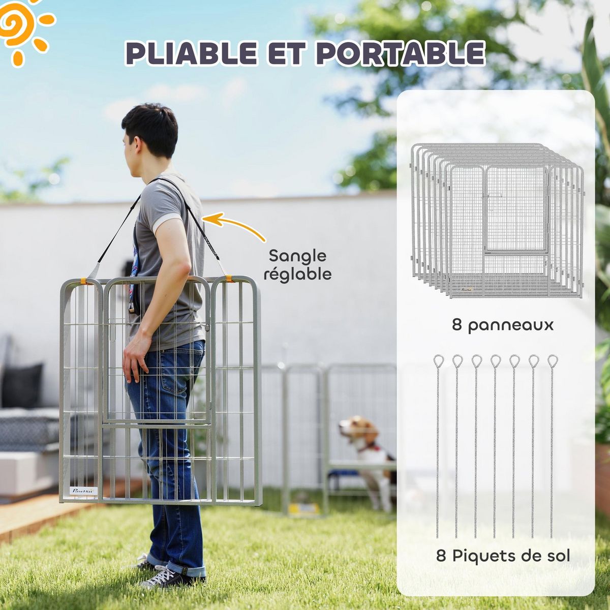 PAWHUT Parc enclos chien modulable pliable 8 panneaux porte verrouillable acier époxy gris