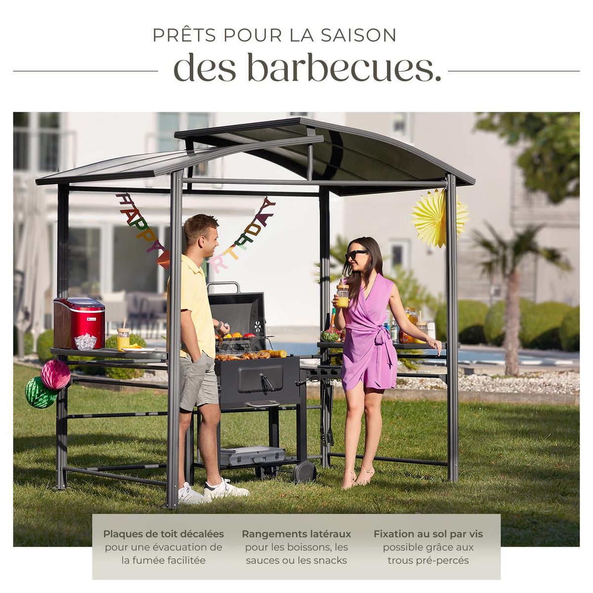 tectake Abri pavillon pour barbecue bonne circulation de l'air gris