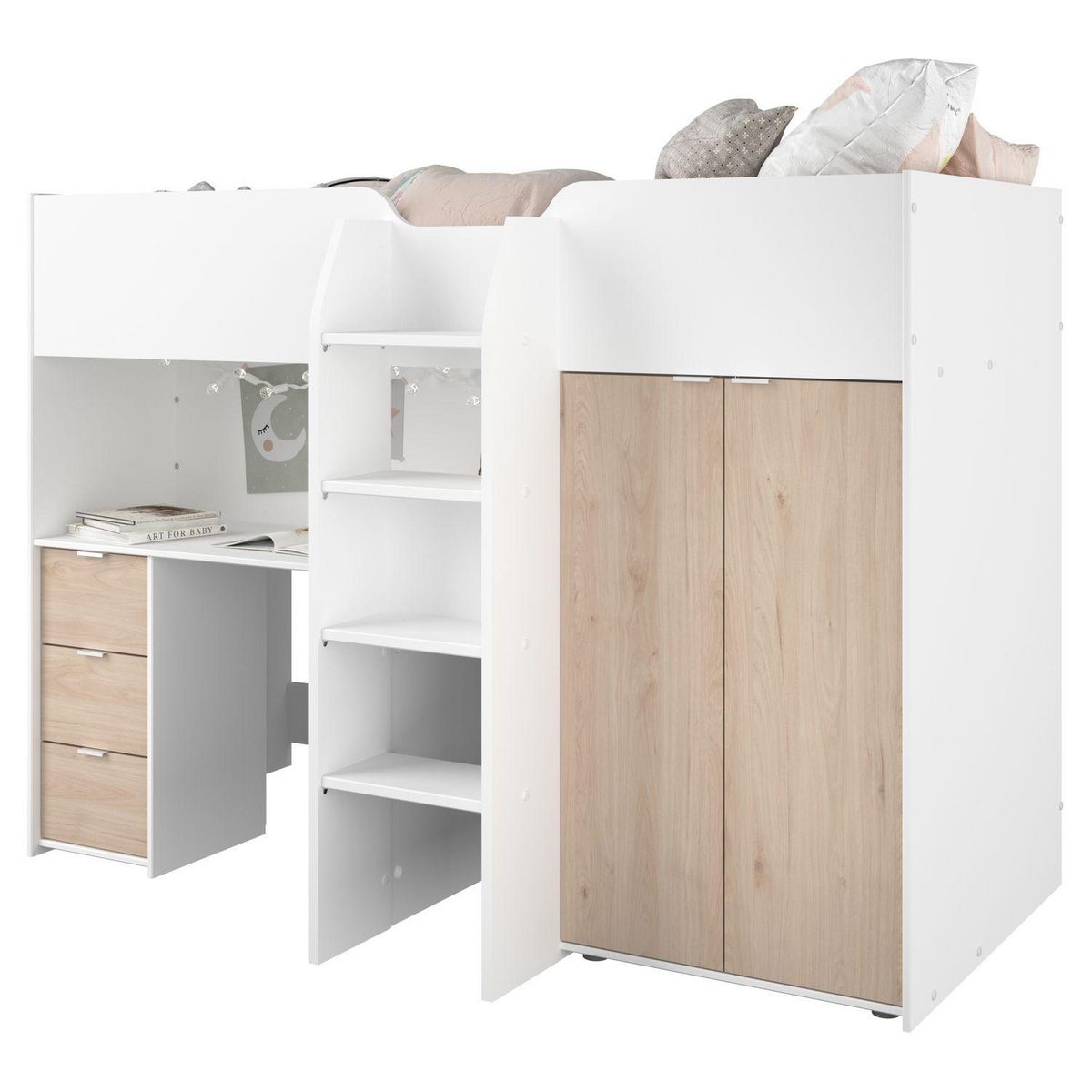 Lit combiné avec armoire de rangement et bureau 90x200cm THOMAS