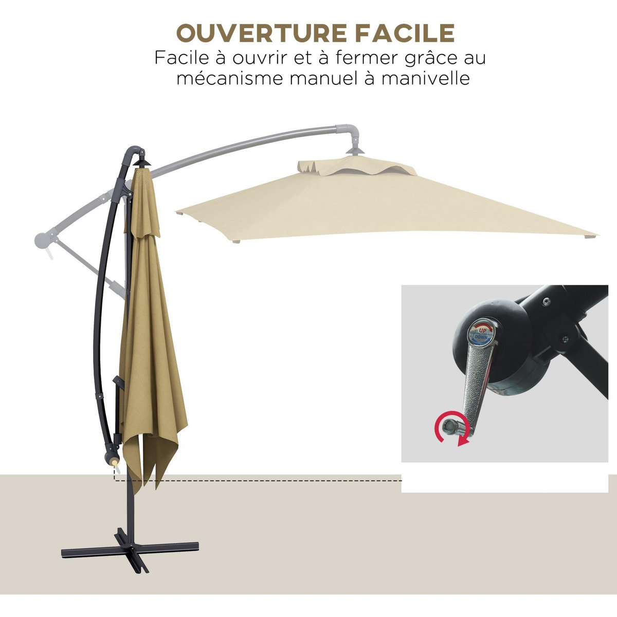 OUTSUNNY Parasol déporté rectangulaire dim. 294L x 193l x 250H cm pied en croix kaki