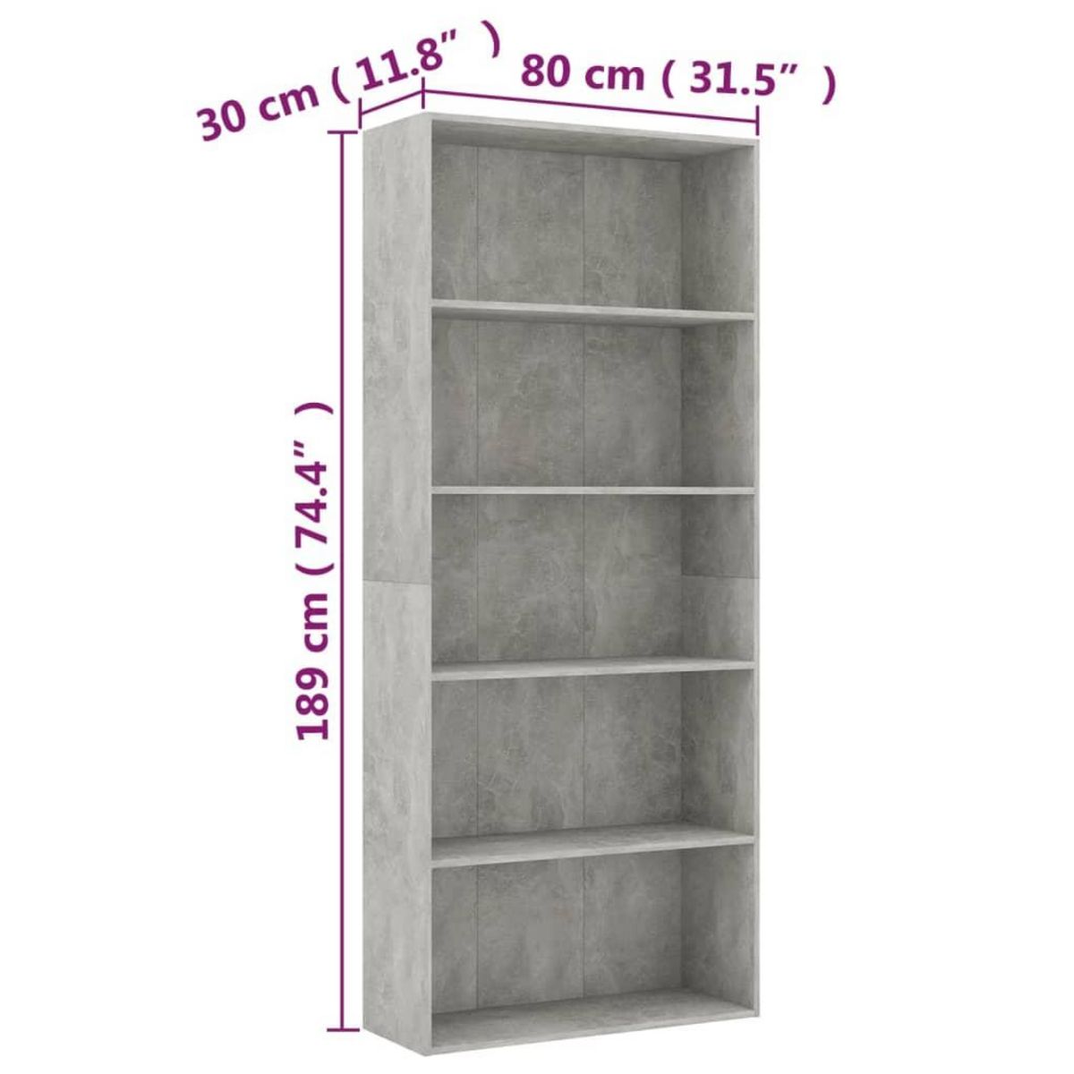 VIDAXL Bibliotheque a 5 niveaux Gris beton 80x30x189cm Bois ingenierie