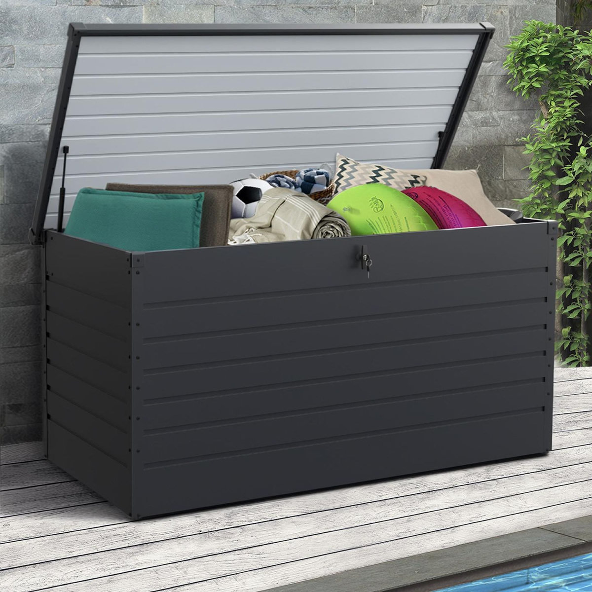 ID MARKET Coffre de rangement métal verrouillable gris anthracite pour jardin 1250L 175x95x90 cm