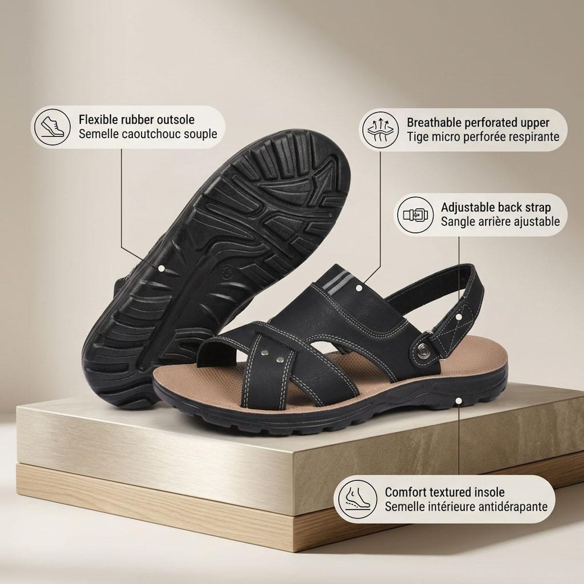 OZABI OZABI Sandales Homme Confort Semelle Souple Antiderapante Scratch 39-45