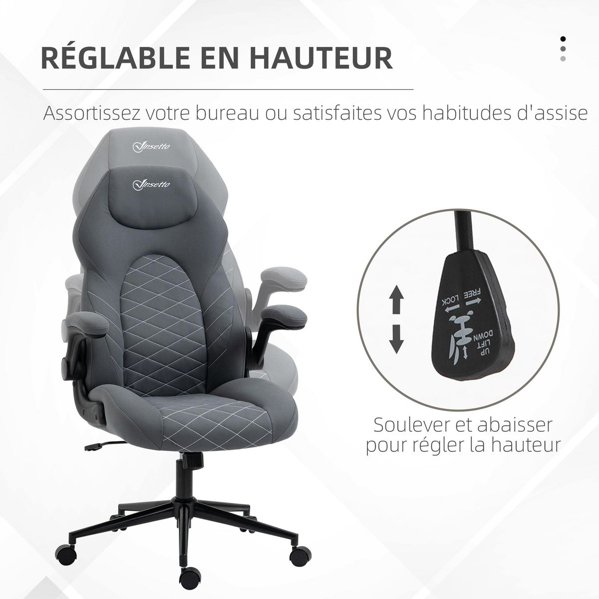 VINSETTO Fauteuil de bureau chaise de bureau ergonomique hauteur réglable pivotant 360° accoudoirs relevables tissu anthracite