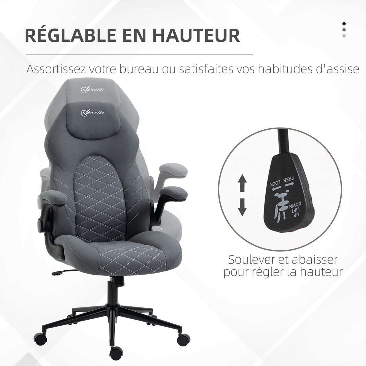 VINSETTO Fauteuil de bureau chaise de bureau ergonomique hauteur réglable pivotant 360° accoudoirs relevables tissu anthracite