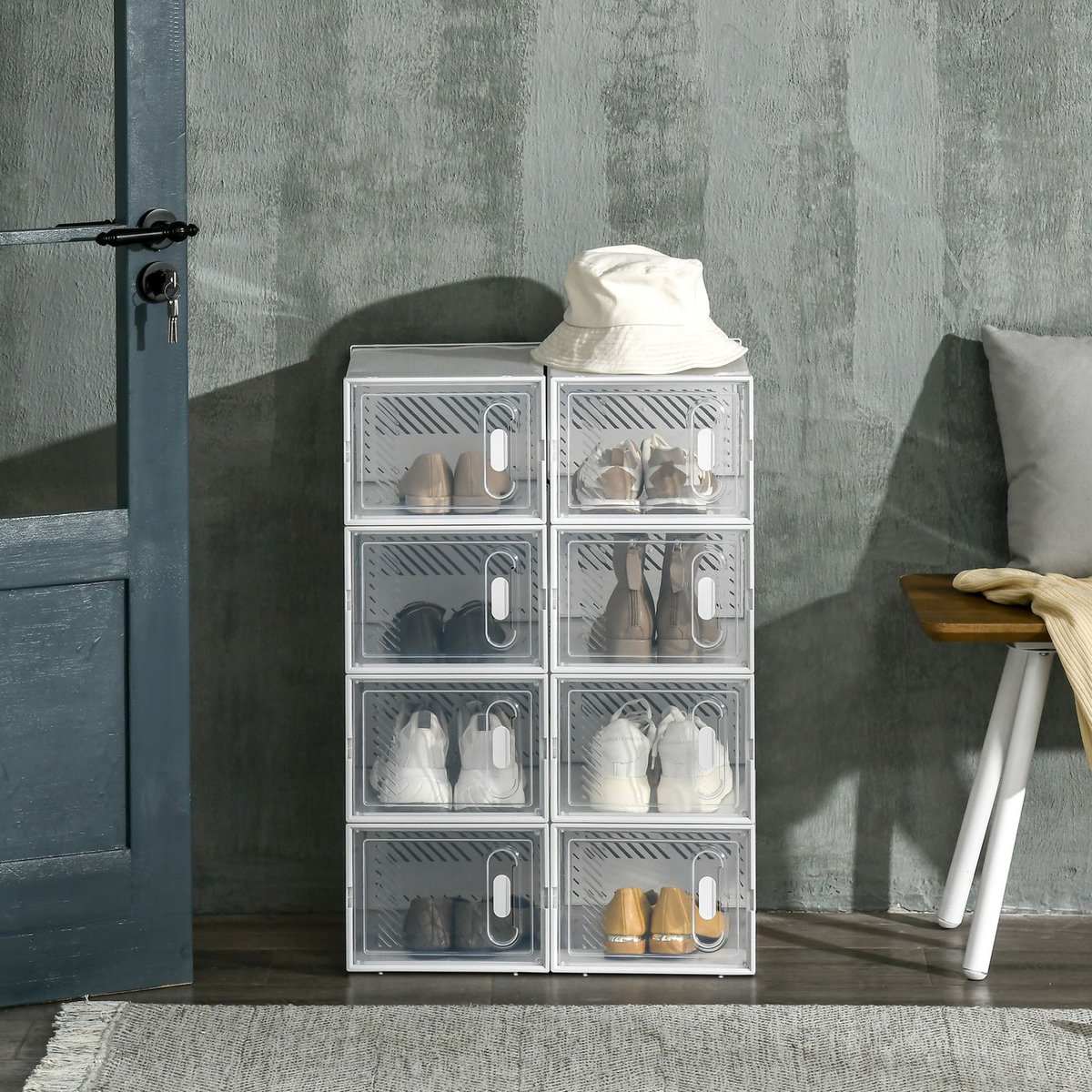 HOMCOM Lot de 8 boites cubes rangement à chaussures modulable avec portes transparentes - dim. 25L x 35l x 19H cm - PP blanc transparent