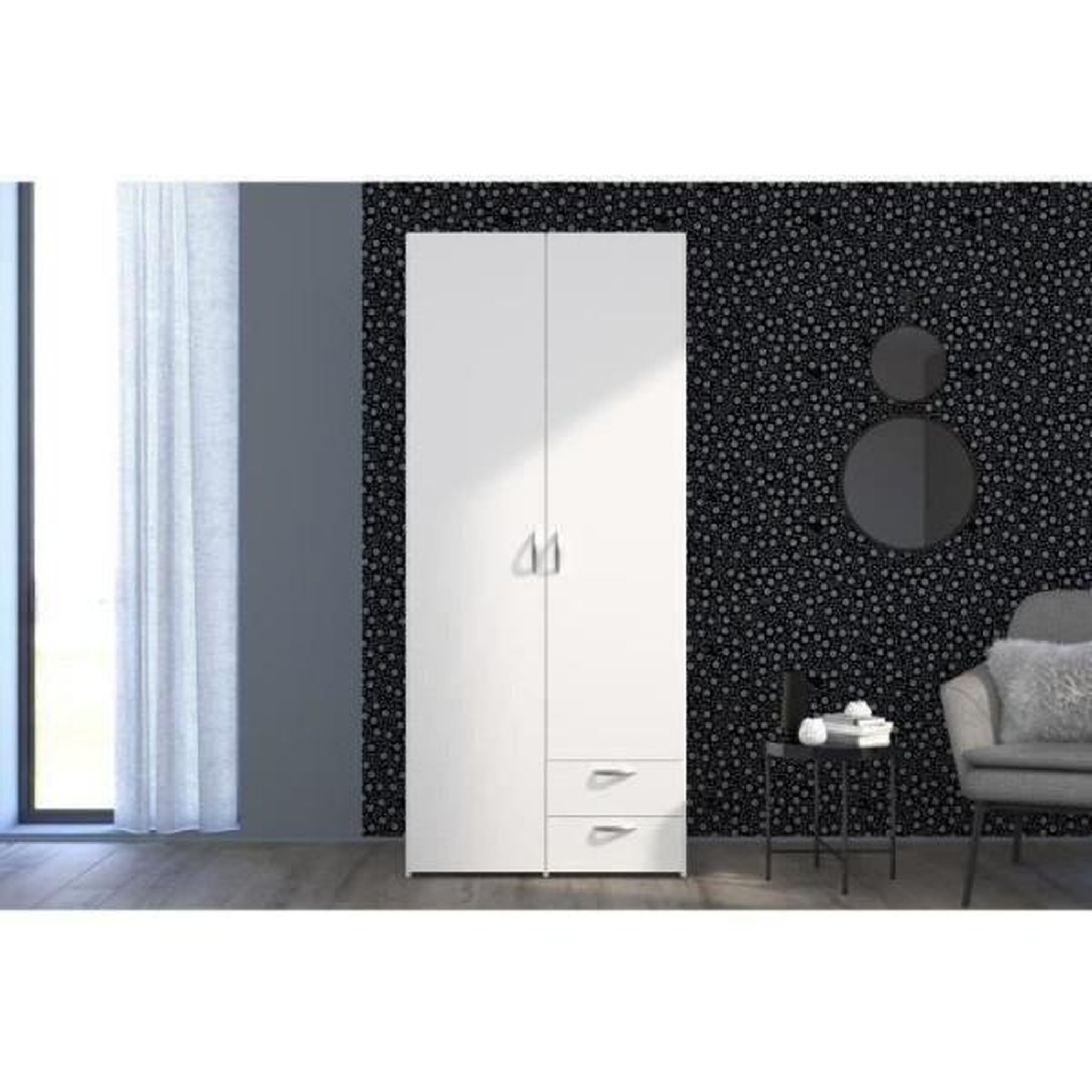 Voir la diapositive 2 : PARISOT Armoire VARIA - Décor blanc - 2 portes battantes + 2 tiroirs - L 81 cm x H 185 x P 51 cm - PARISOT